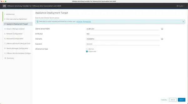 Could you explain the infrastructure type shown in the Easy Installer vCenter information pane?
