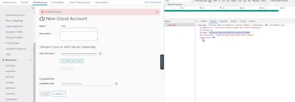 Exception while creating a VMware on AWS cloud account in vRealize Automation