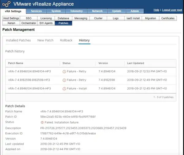 Failures during vRA patch installation
