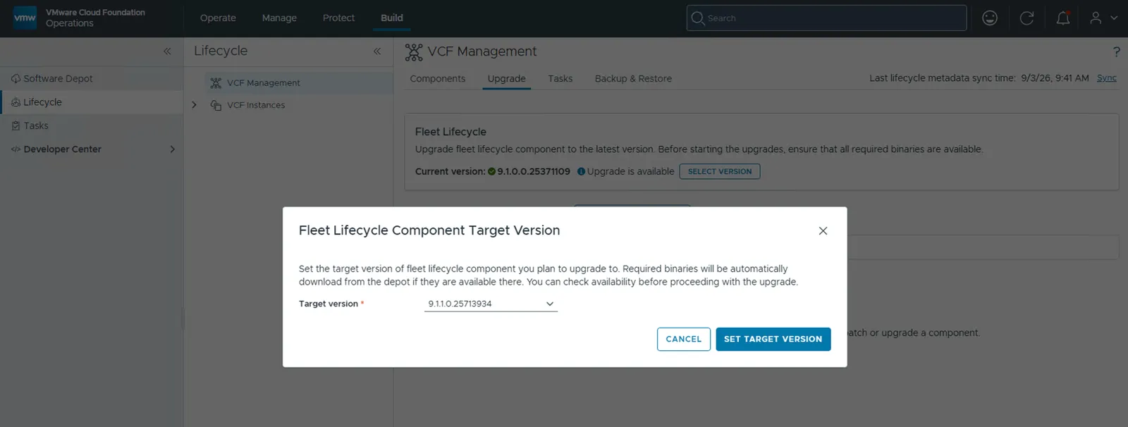 Selecting 9.1.1.0.25713934 as the target version