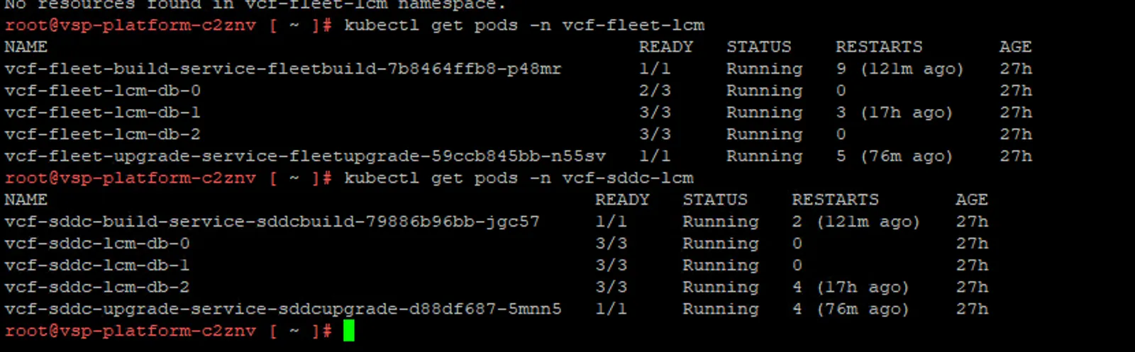 kubectl output showing pods in the vcf-fleet-lcm and vcf-sddc-lcm namespaces
