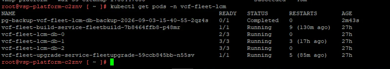 pg-backup pod for the Fleet Lifecycle database showing as Completed