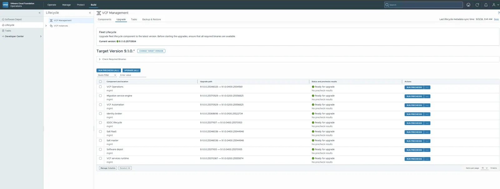 Fleet Lifecycle showing the updated 9.1.1.0 version