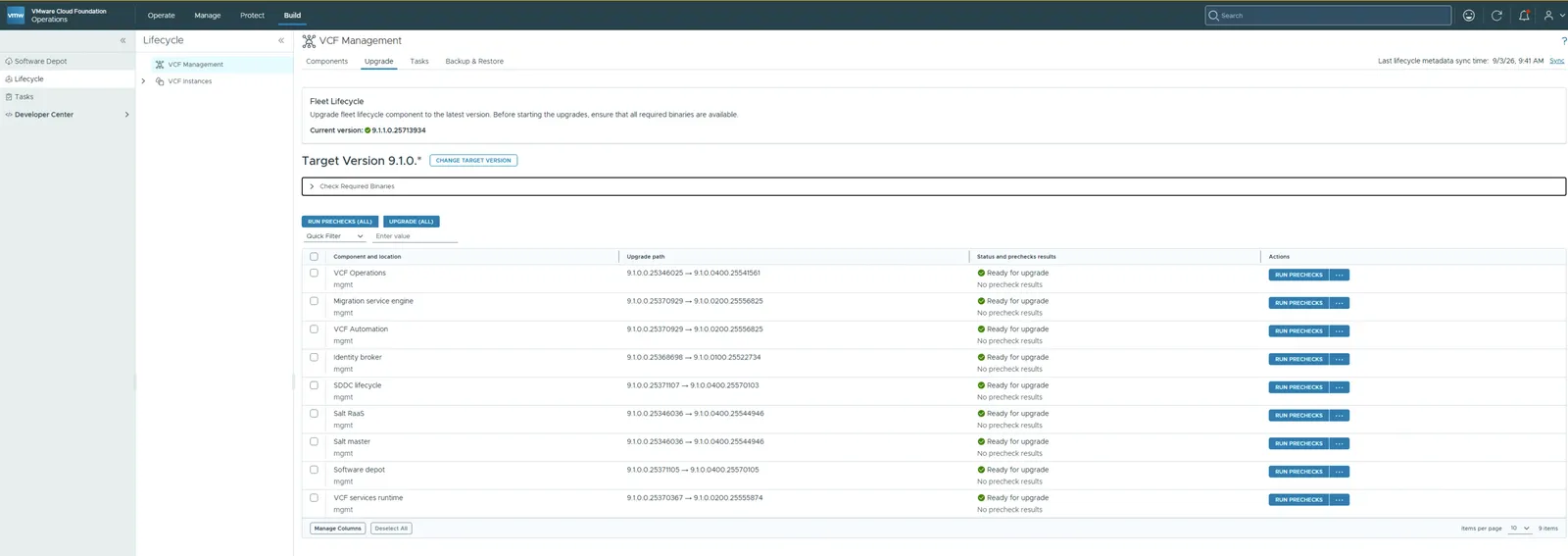 VCF Management upgrade tab listing components with their upgrade paths