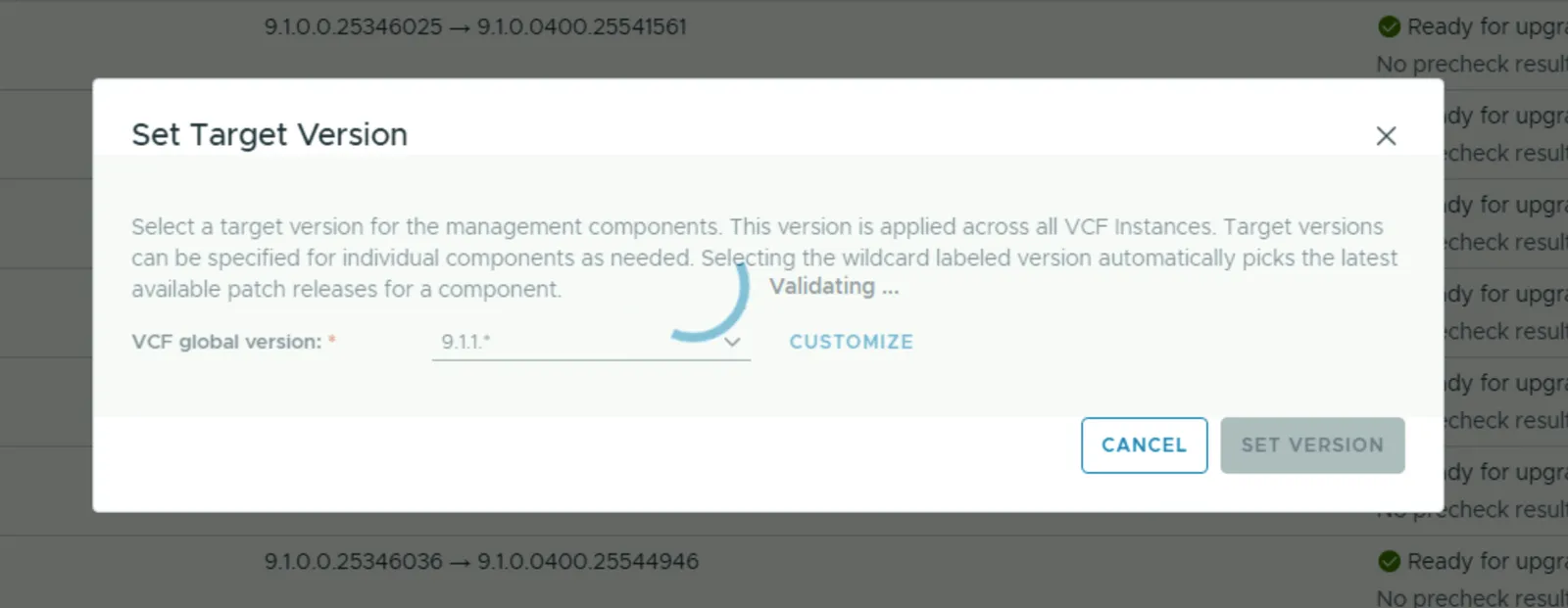 Set Target Version dialog