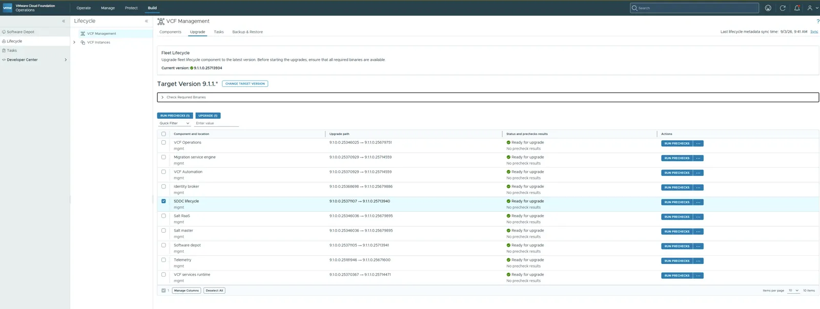 Selecting SDDC lifecycle and running prechecks