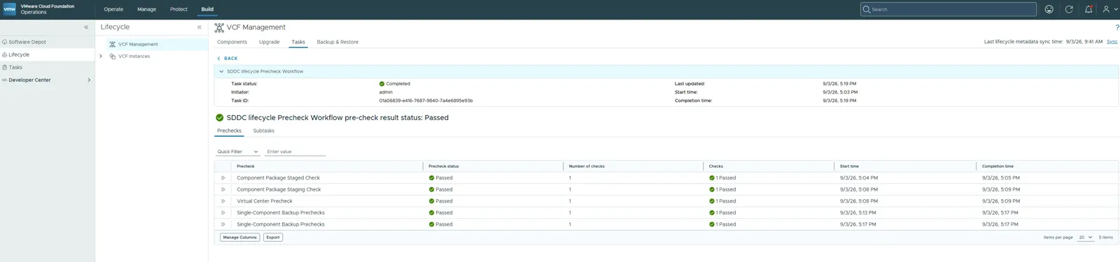 Precheck workflow completed with a result status of Passed