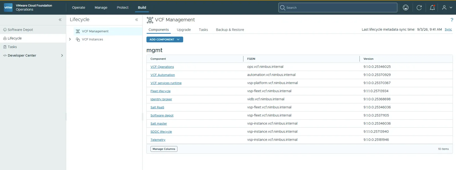 Components tab showing SDDC lifecycle on 9.1.1.0