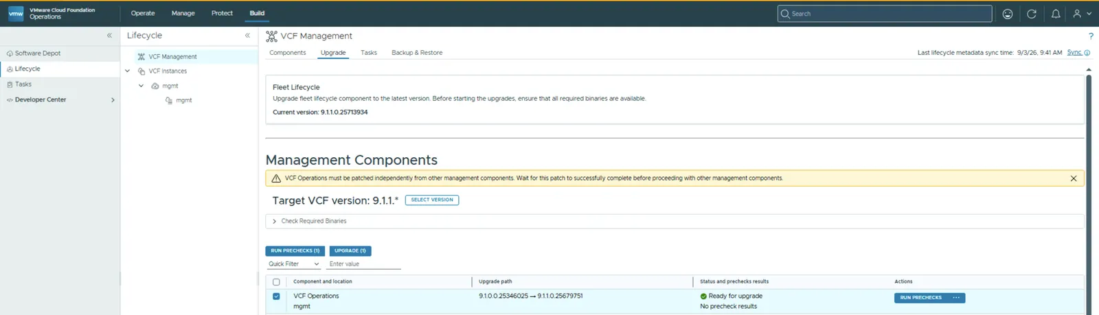Selecting VCF Operations and running prechecks