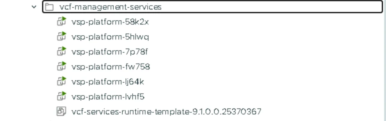 The vcf-management-services folder in vCenter with six vsp-platform nodes and the 9.1.0.0 runtime template