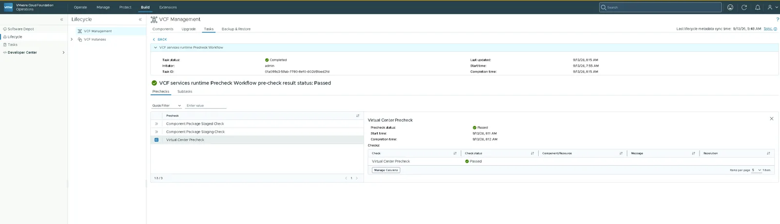 VCF services runtime precheck workflow completed with a result status of Passed