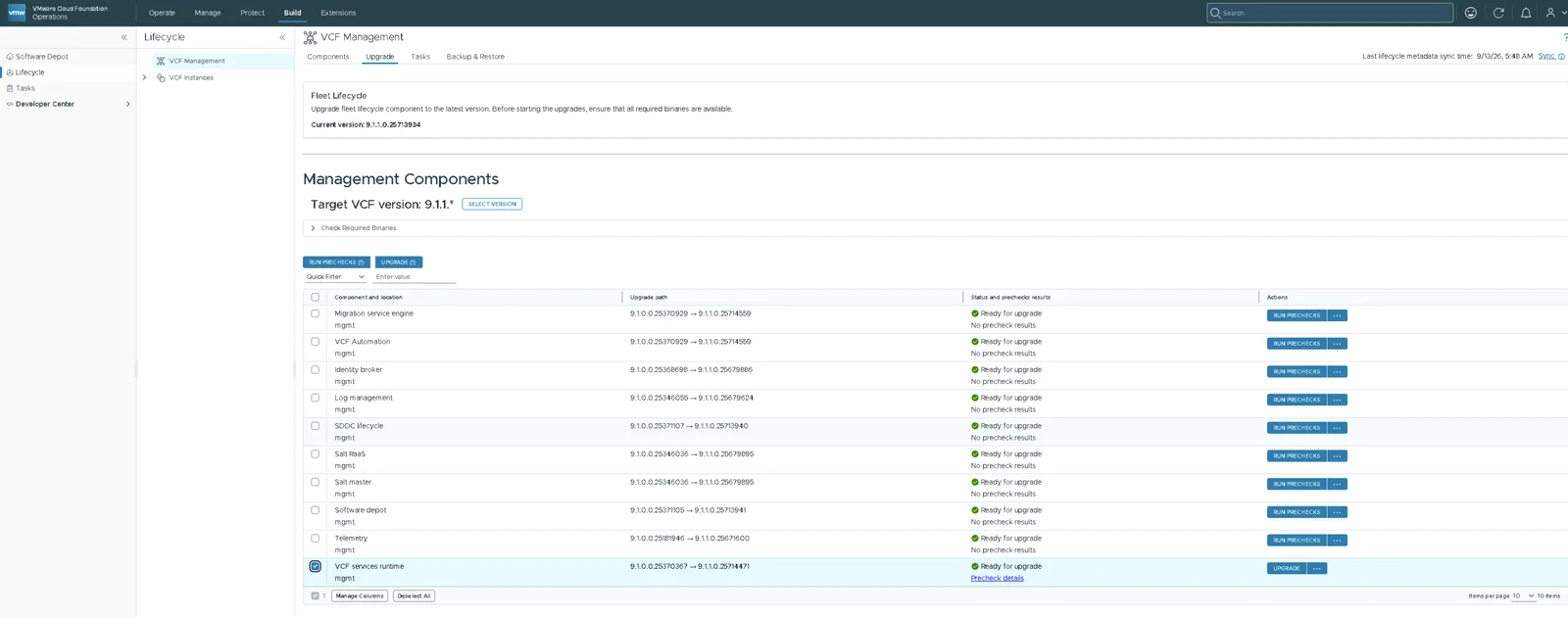 VCF services runtime selected and ready for upgrade in the Management Components list