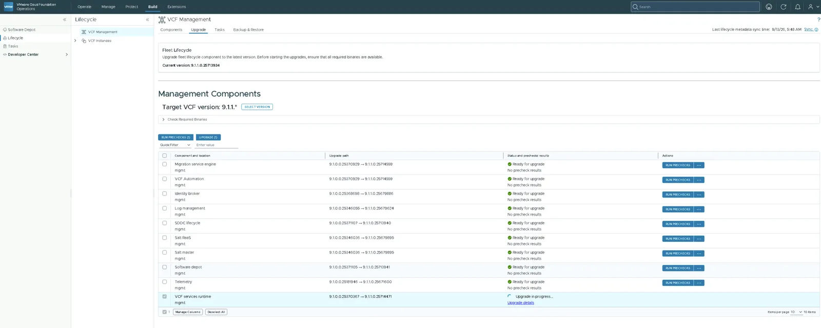 VCF services runtime showing Upgrade in progress