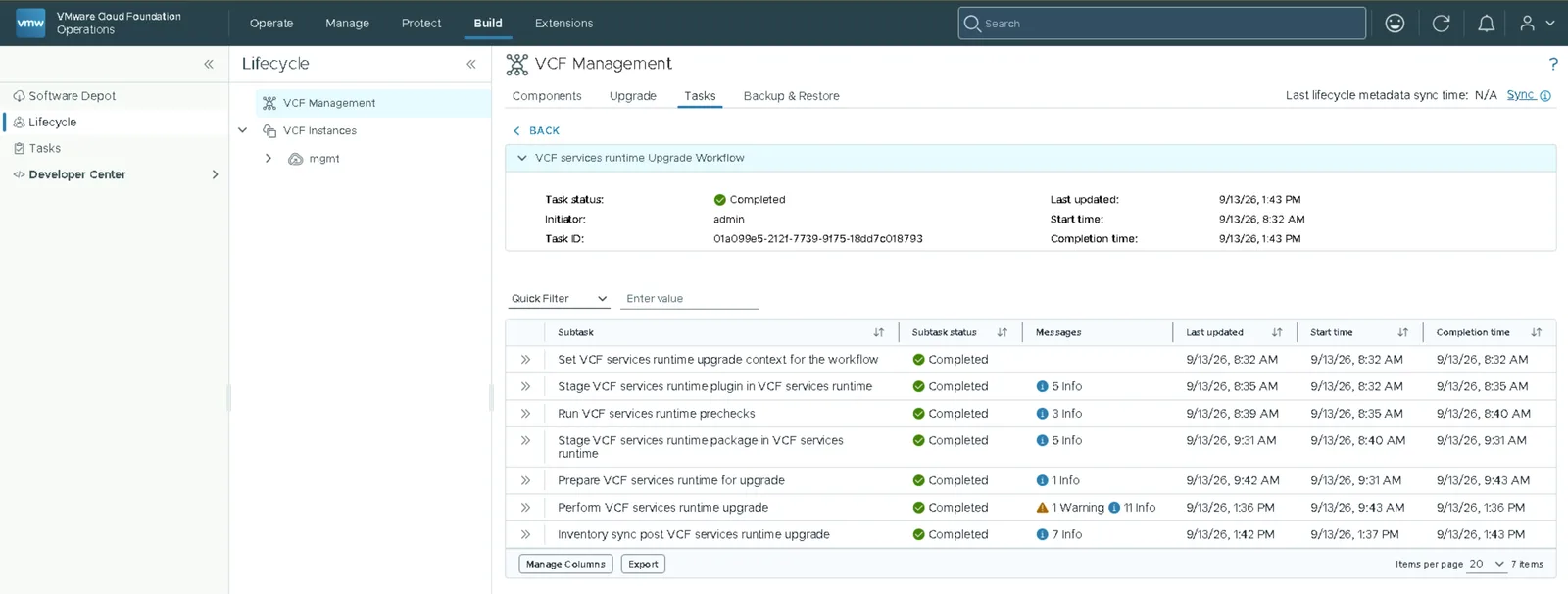 Completed VCF services runtime upgrade workflow with seven subtasks