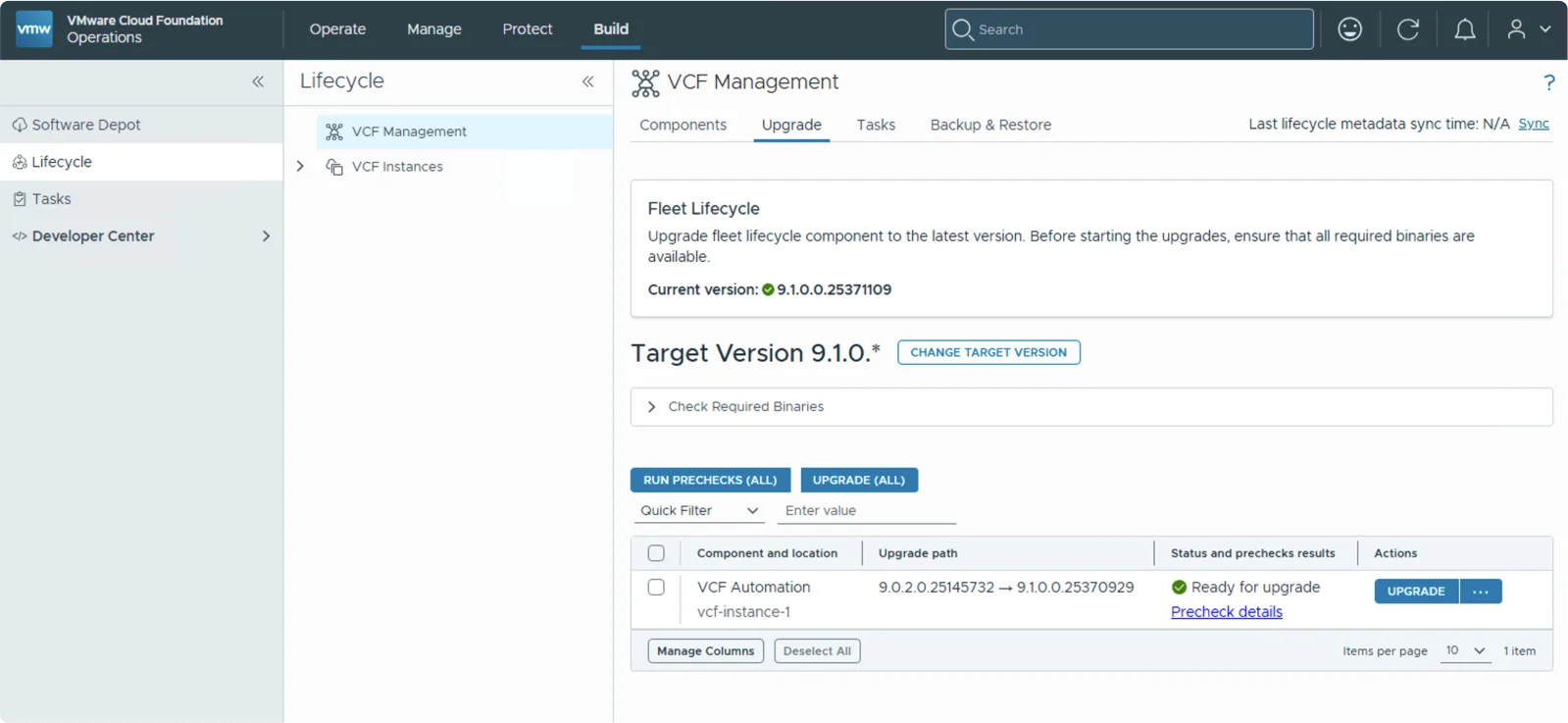 VCF Automation ready for upgrade in the fleet lifecycle Upgrade pane