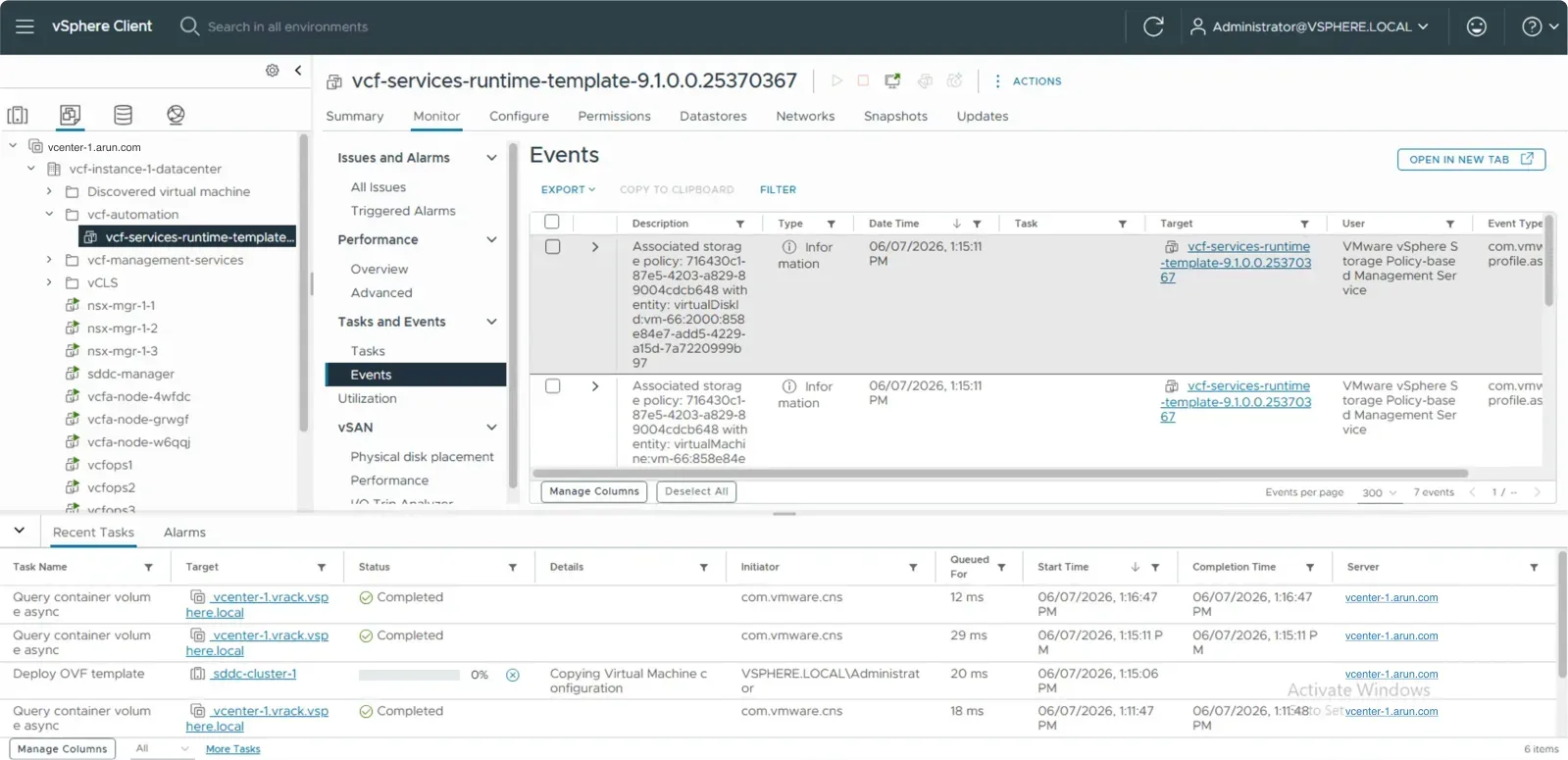 The vcf-services-runtime-template deployed to the folder