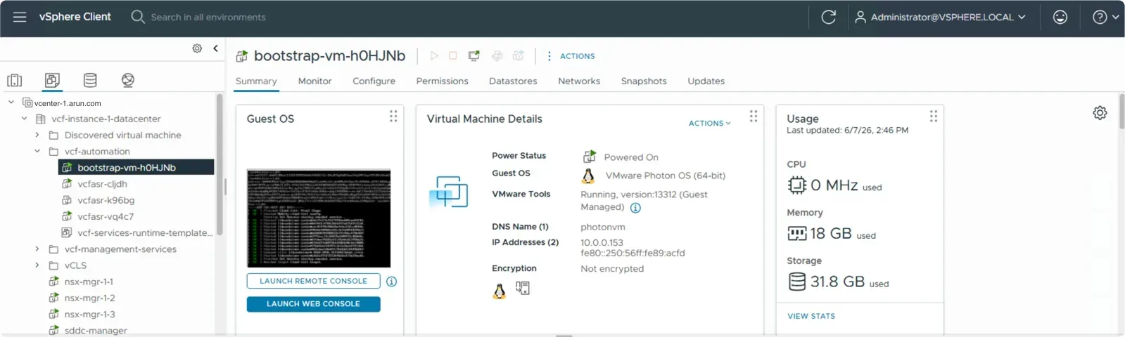 The bootstrap VM deployed from the IP pool