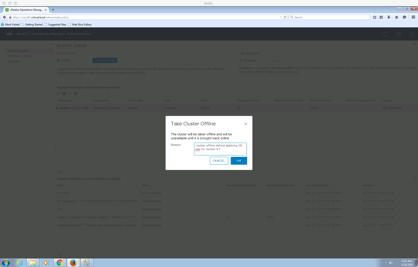 Give a description on why you would like to take cluster offline