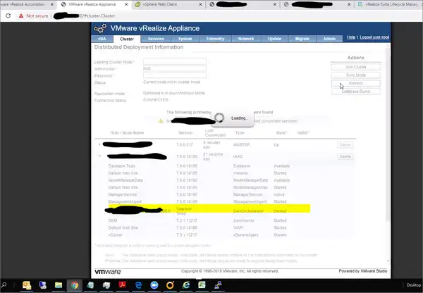 Version table below vRA cluster tab showing incorrect status