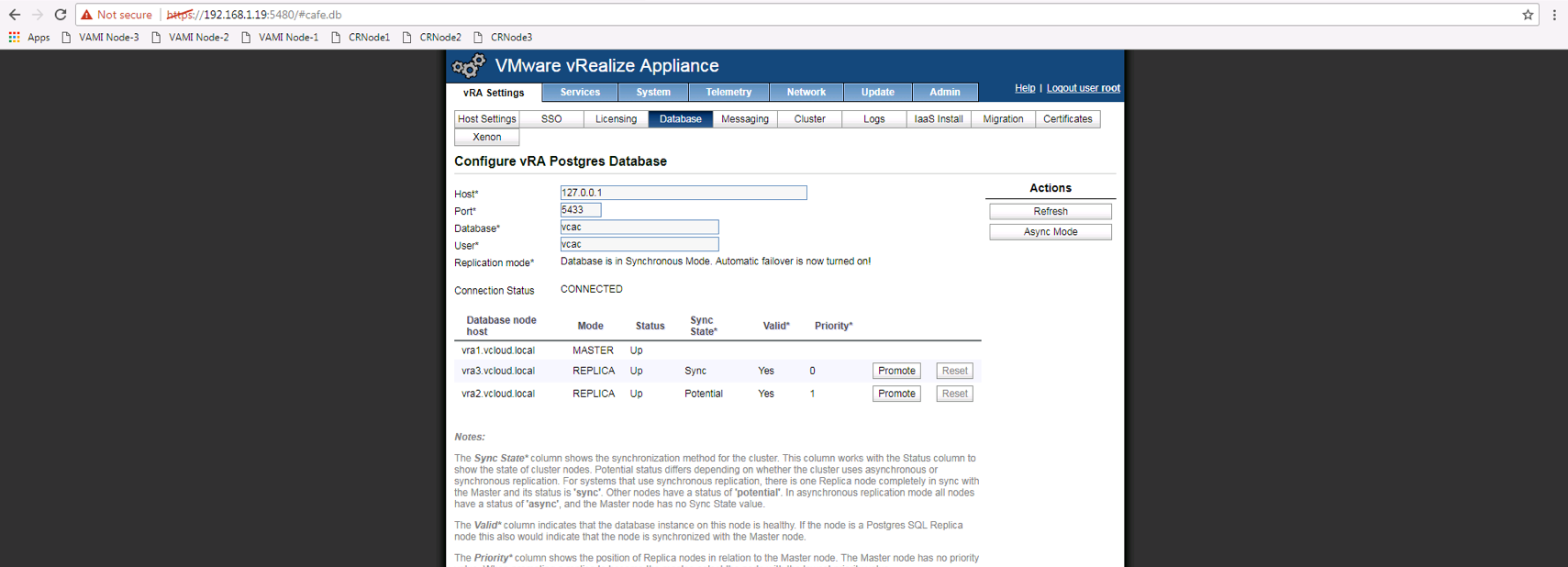 Database screen under vRA Settings from VAMI Portal