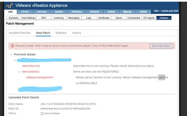 vRA HF Pre-Check Failure: xenon-service is not running and release-management is UNAVAILABLE